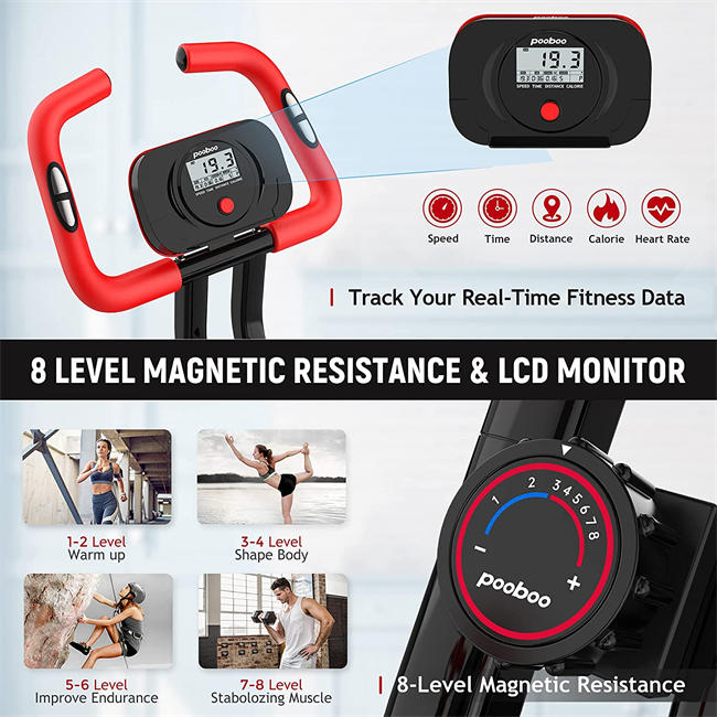 Foldable Exercise Bike Indoor Cycling Bike Magnetic Upright Bike Stationary Bike with Arm Resistance Bands,Pulse Sensor,LCD Monitor,